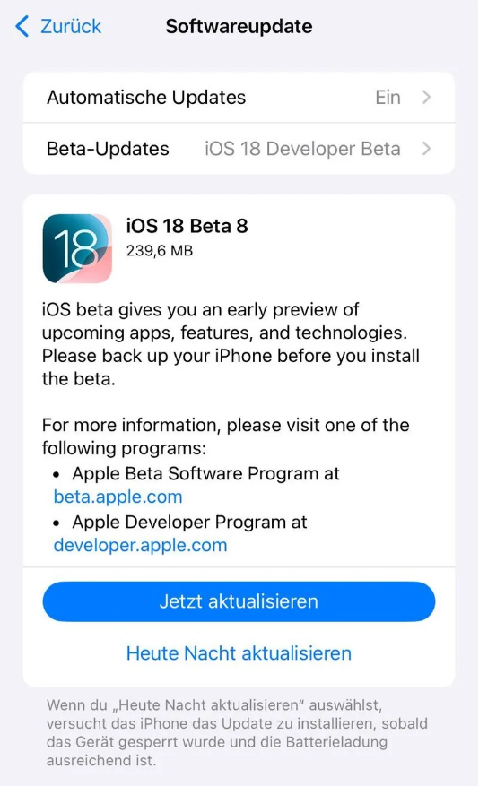 巧家苹果手机维修分享苹果 iOS / iPadOS 18 开发者预览版 Beta 8 发布 